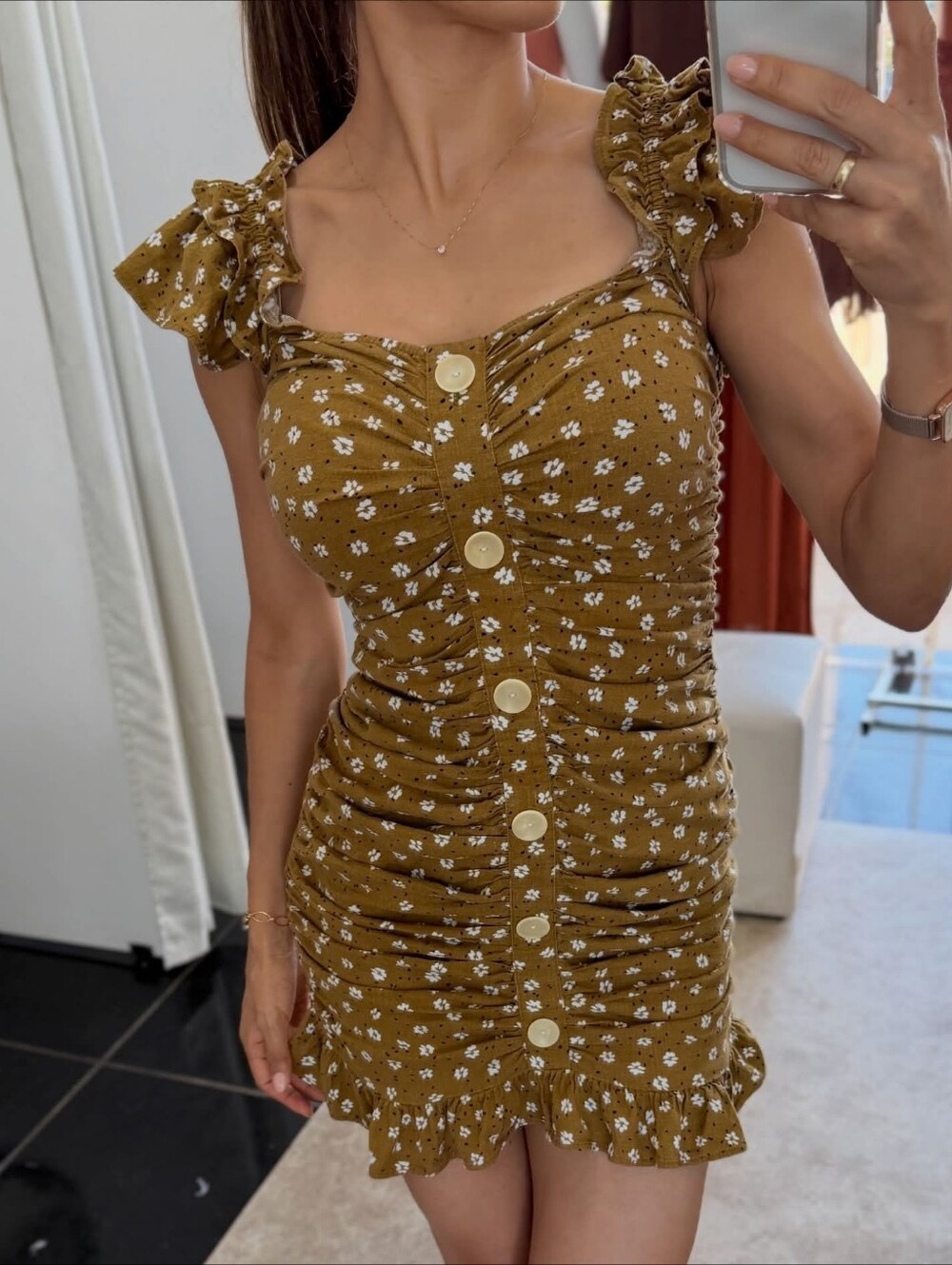 Zara Olive Floral Ruffle Ruched Mini Dress - Picture 2 of 11